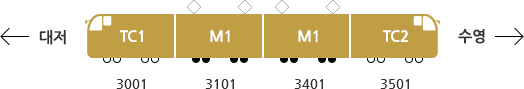 3호선(대저~수영):TC1(3001),M1(3101),M1(3401),TC2(3501)