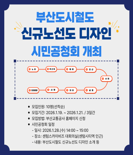 부산도시철도 신규노선도 디자인 시민공청회 개최 · 모집인원: 10명(선착순) ·모집기간: 2026. 1. 19. ~ 2026. 1. 21. /3일간 ·모집방법: 부산교통공사 홈페이지 신청 · 시민공청회 일정 - 일시: 2026.1.28.(수) 14:00 ~ 15:00 - 장소: 센텀스카이비즈 대회의실(센텀시티ㅣ역 인근) - 내용: 부산도시철ㄹ도 신규노선도 디자인 소개 등
